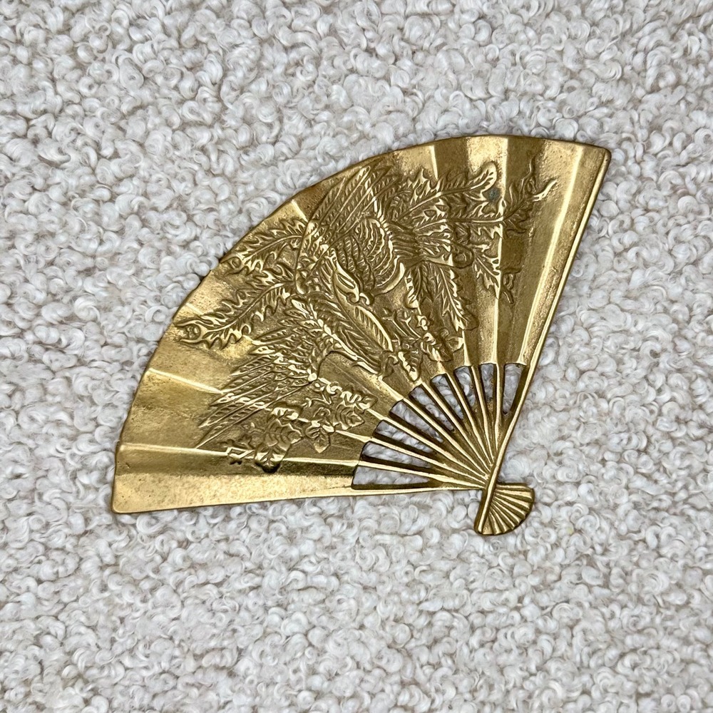 Vintage Solid Brass Phoenix Fan Wall Hanging Decor Embossed Oriental Chinoiserie